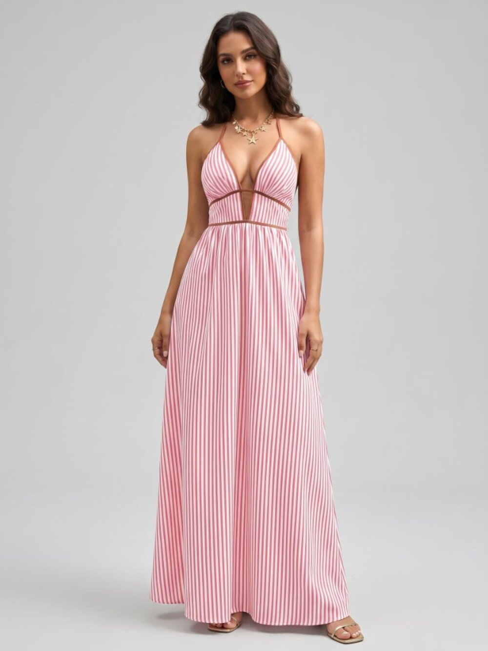 Women's Pink Striped Halter Maxi Dress Deep V Backless Smocked Beach Vacation